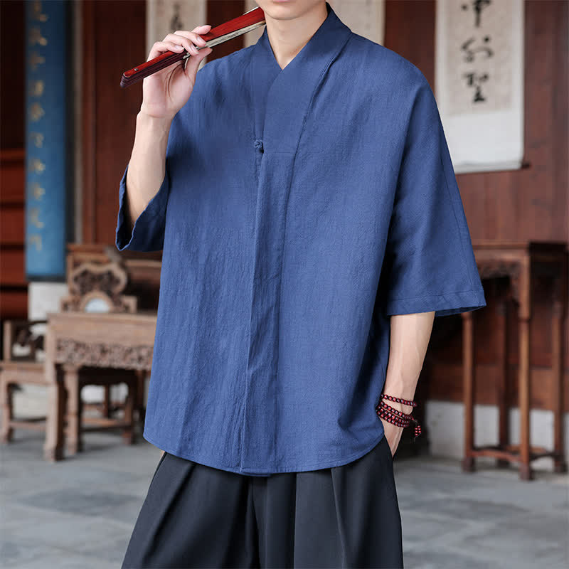 Buddha Stones Spring Summer Tang Style Minimalist Pankou Solid Men's Elbow-Length Shirts - image 1