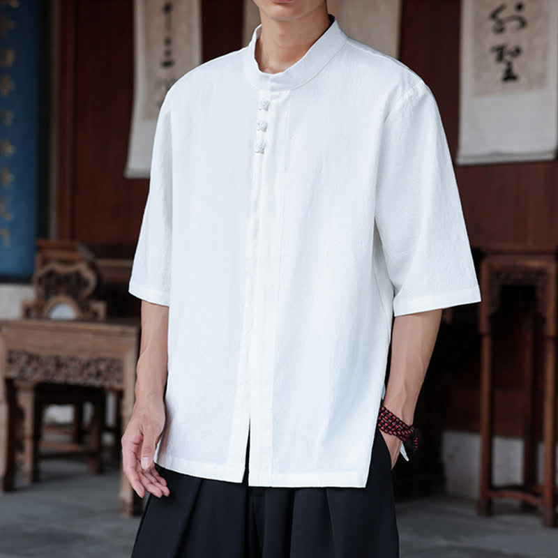 Buddha Stones Spring Summer Tang Style Casual Frog Button Solid Cotton Linen Men's Elbow-Length Sleeve Shirts - image 20