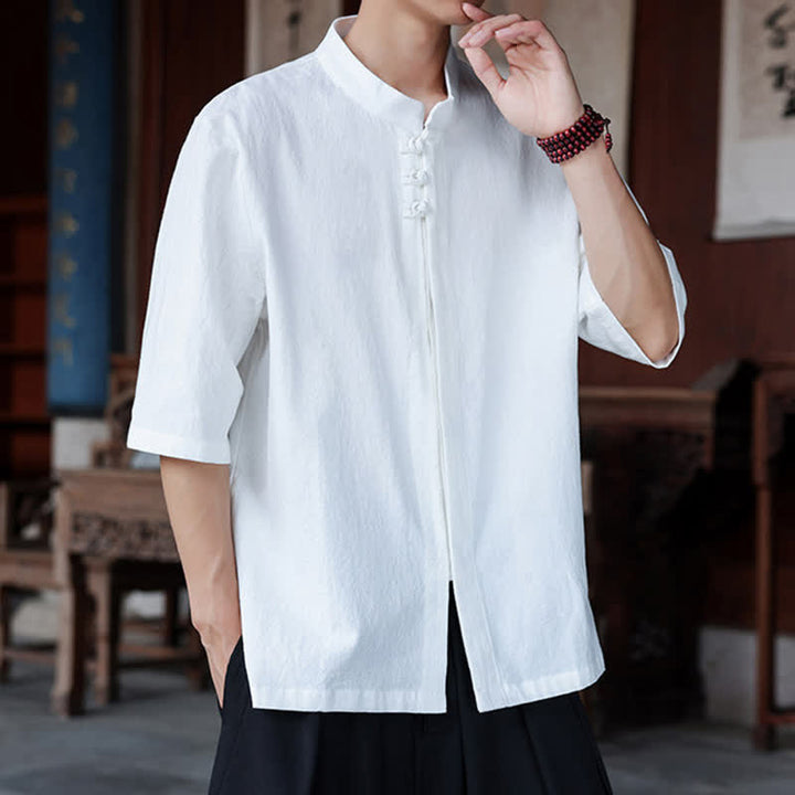 Buddha Stones Spring Summer Tang Style Casual Frog Button Solid Cotton Linen Men's Elbow-Length Sleeve Shirts - image 21