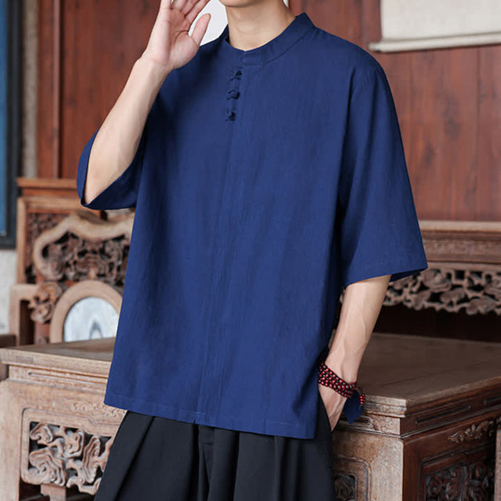 Buddha Stones Spring Summer Tang Style Casual Frog Button Solid Cotton Linen Men's Elbow-Length Sleeve Shirts - image 8