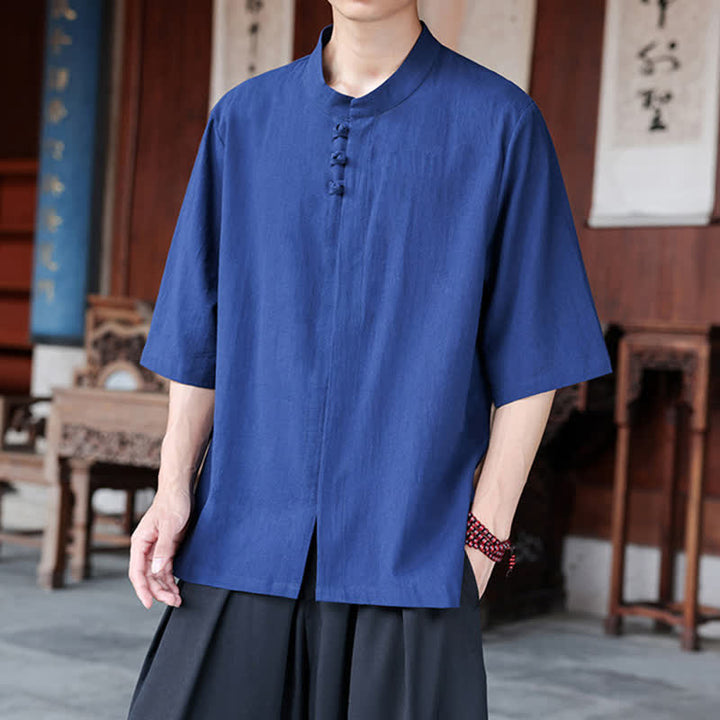 Buddha Stones Spring Summer Tang Style Casual Frog Button Solid Cotton Linen Men's Elbow-Length Sleeve Shirts - image 2