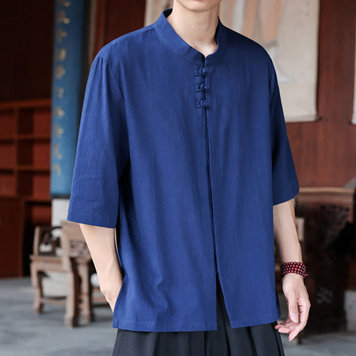 Buddha Stones Spring Summer Tang Style Casual Frog Button Solid Cotton Linen Men's Elbow-Length Sleeve Shirts - image 1