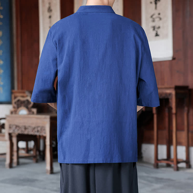Buddha Stones Spring Summer Tang Style Casual Frog Button Solid Cotton Linen Men's Elbow-Length Sleeve Shirts - image 3