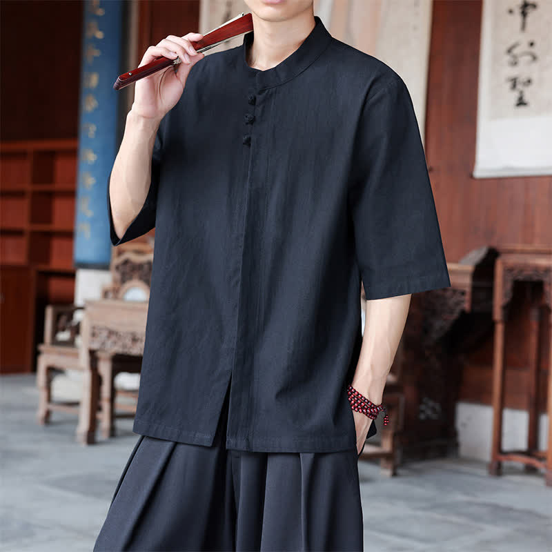Buddha Stones Spring Summer Tang Style Casual Frog Button Solid Cotton Linen Men's Elbow-Length Sleeve Shirts - image 16