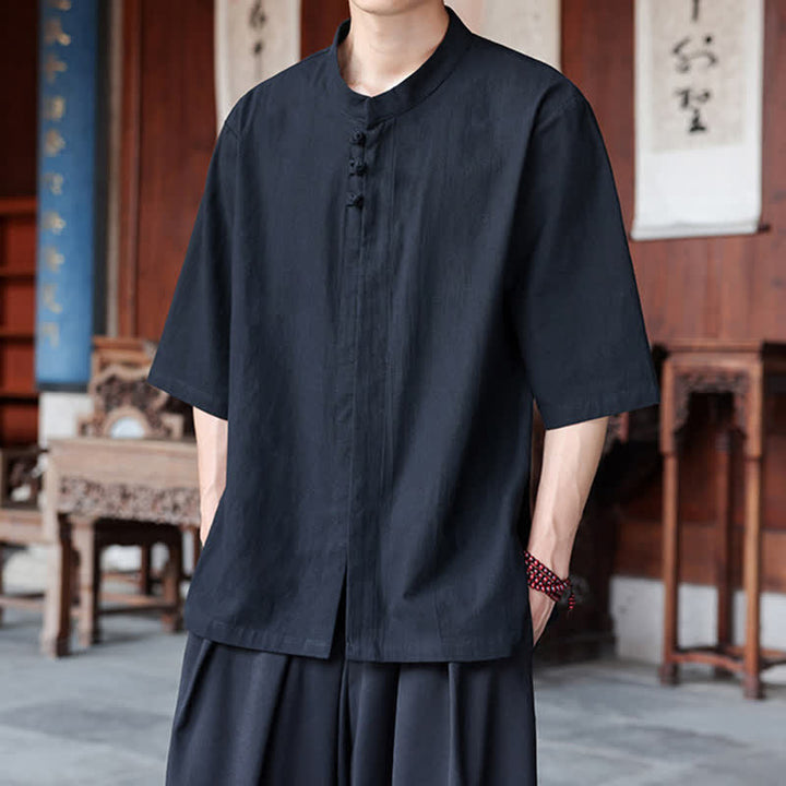 Buddha Stones Spring Summer Tang Style Casual Frog Button Solid Cotton Linen Men's Elbow-Length Sleeve Shirts - image 15