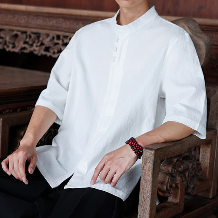 Buddha Stones Spring Summer Tang Style Casual Frog Button Solid Cotton Linen Men's Elbow-Length Sleeve Shirts - image 25