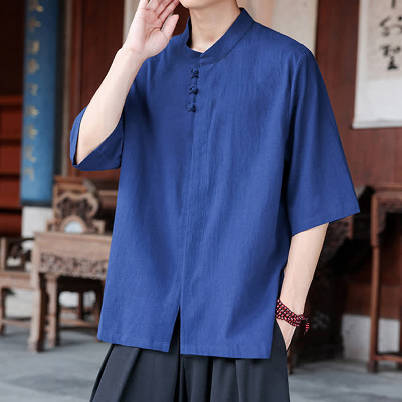 Buddha Stones Spring Summer Tang Style Casual Frog Button Solid Cotton Linen Men's Elbow-Length Sleeve Shirts - image 6