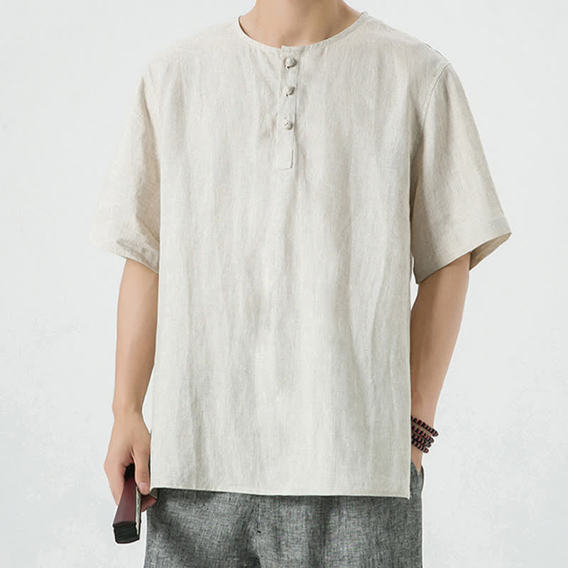 Buddha Stones Spring Summer Casual Minimalist Button-Up Solid Men's Short Sleeve Shirts - image 1