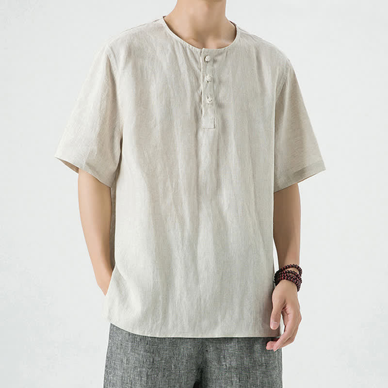 Buddha Stones Spring Summer Casual Minimalist Button-Up Solid Men's Short Sleeve Shirts - Linen - US/UK/AU46，EU56 (5XL) - image 0