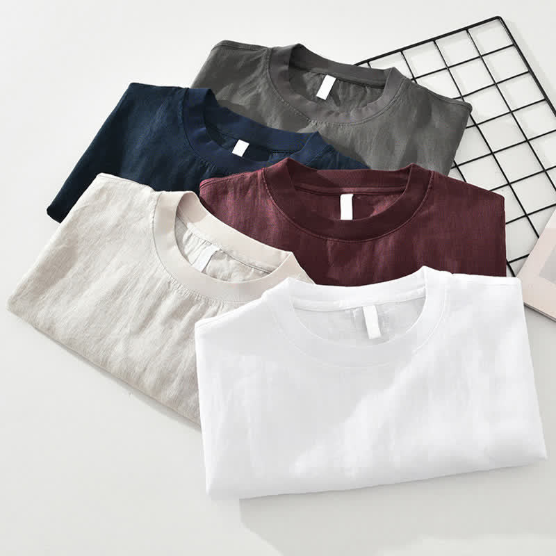 Buddha Stones Summer Casual Minimalist Solid Linen Crew Neck Men's Short Sleeve T-Shirts - image 15