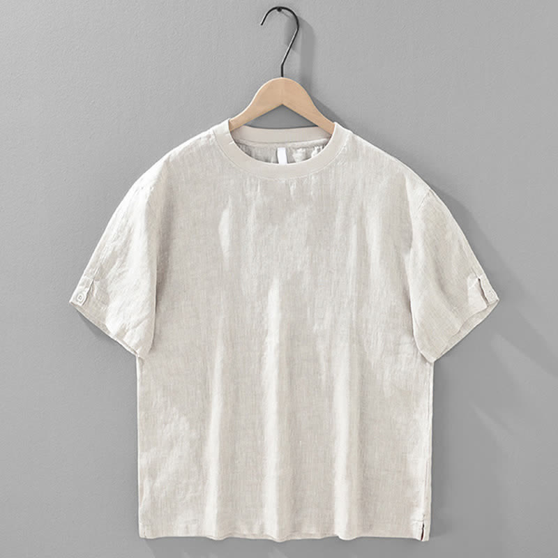 Buddha Stones Summer Casual Minimalist Solid Linen Crew Neck Men's Short Sleeve T-Shirts - image 1