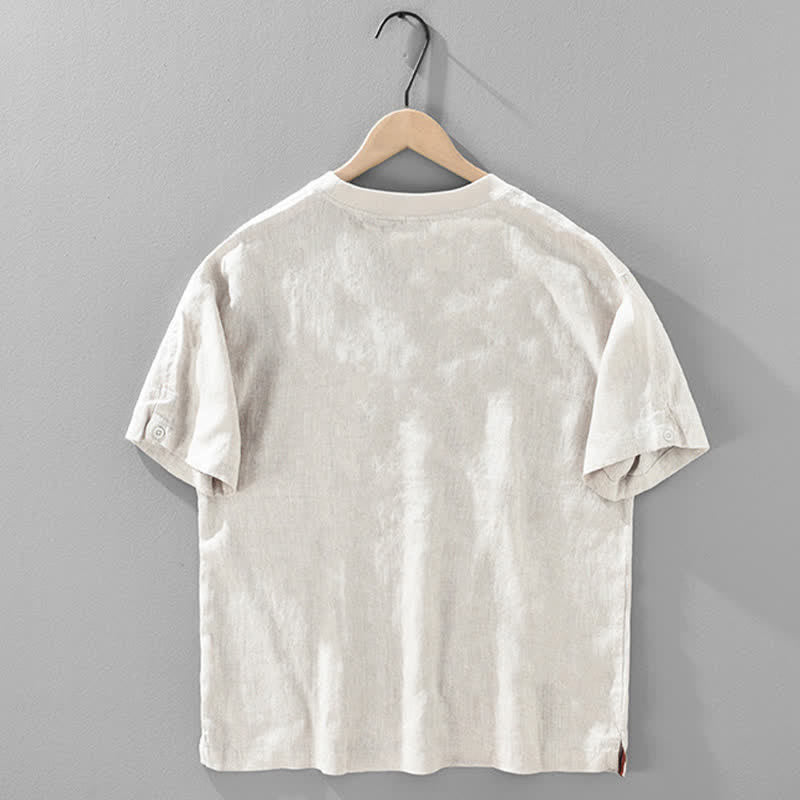 Buddha Stones Summer Casual Minimalist Solid Linen Crew Neck Men's Short Sleeve T-Shirts - image 2