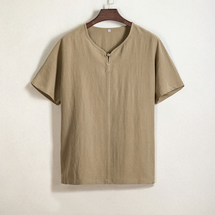 Buddha Stones Summer Casual Tang Style V-Neck Solid Men's Short Sleeve Shirts - Tan - US/UK/AU44，EU54 (4XL) - image 0