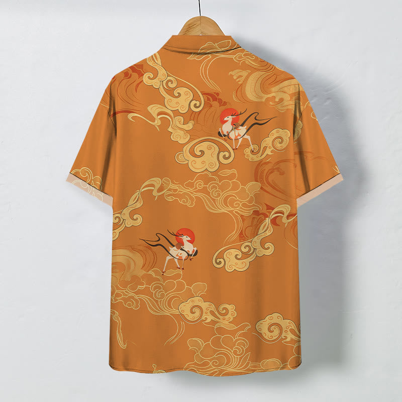 Buddha Stones Auspicious Cloud Celestial Crane Pattern Buttons Breathable Men's Short Sleeve Shirt - image 1