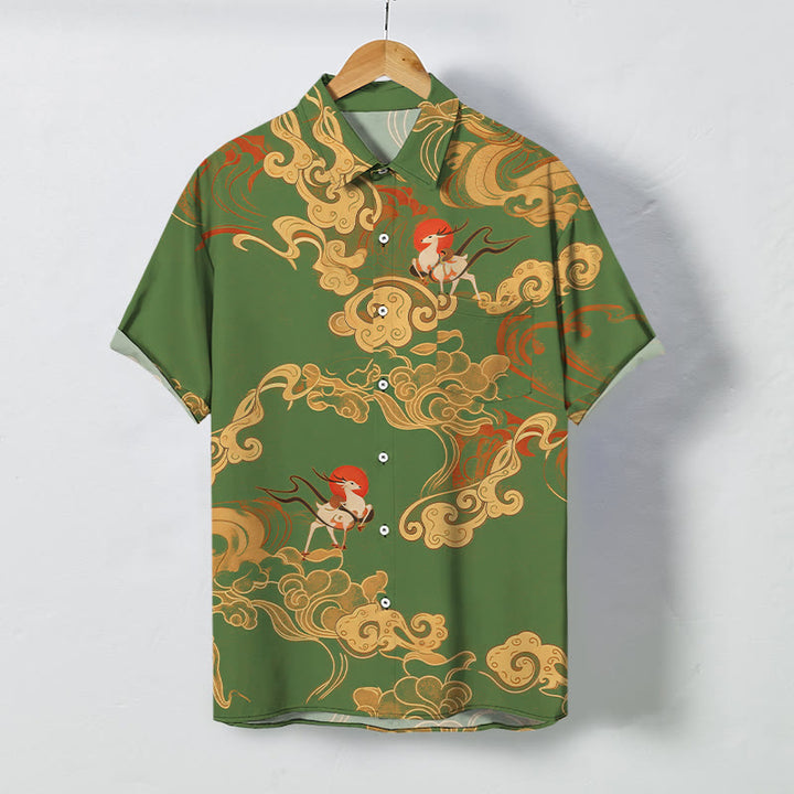 Buddha Stones Auspicious Cloud Celestial Crane Pattern Buttons Breathable Men's Short Sleeve Shirt - OliveDrab - US/UK/AU48，EU58 (4XL) - image 5
