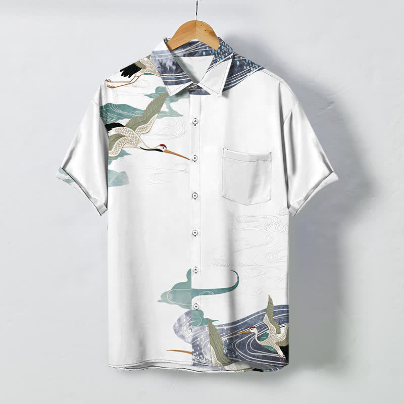 Buddha Stones Crane Wave Cloud Pattern Buttons Breathable Men's Short Sleeve Shirt - White - US/UK/AU48，EU58 (4XL) - image 0