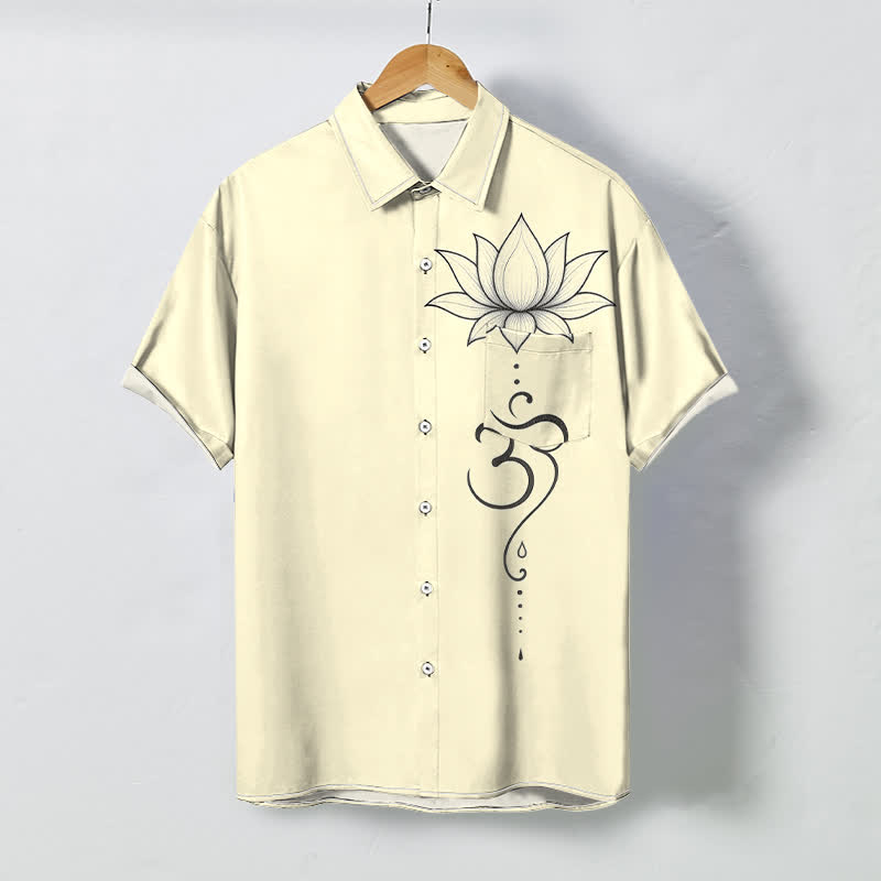 Buddha Stones Lotus Om Line Art Pattern Buttons Breathable Men's Short Sleeve Shirt - Beige - US/UK/AU48，EU58 (4XL) - image 5