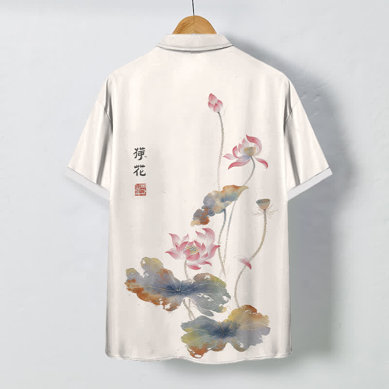 Buddha Stones Ink Lotus Calligraphy Pattern Buttons Breathable Men's Short Sleeve Shirt - image 1