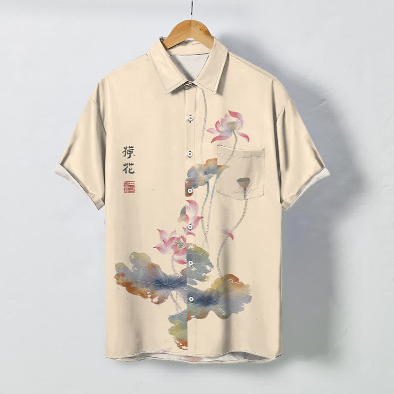 Buddha Stones Ink Lotus Calligraphy Pattern Buttons Breathable Men's Short Sleeve Shirt - AntiqueWhite - US/UK/AU48，EU58 (4XL) - image 3