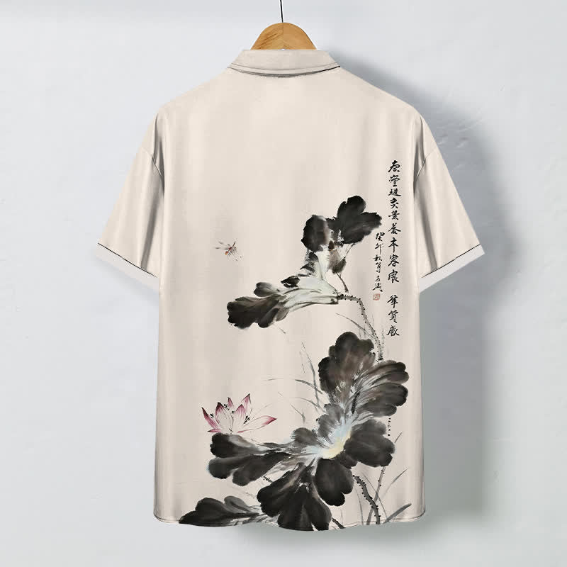 Buddha Stones Ink Floral Calligraphy Pattern Buttons Breathable Men's Short Sleeve Shirt - image 1
