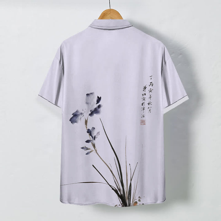 Buddha Stones Ink Floral Calligraphy Seal Pattern Buttons Breathable Men's Short Sleeve Shirt - image 1