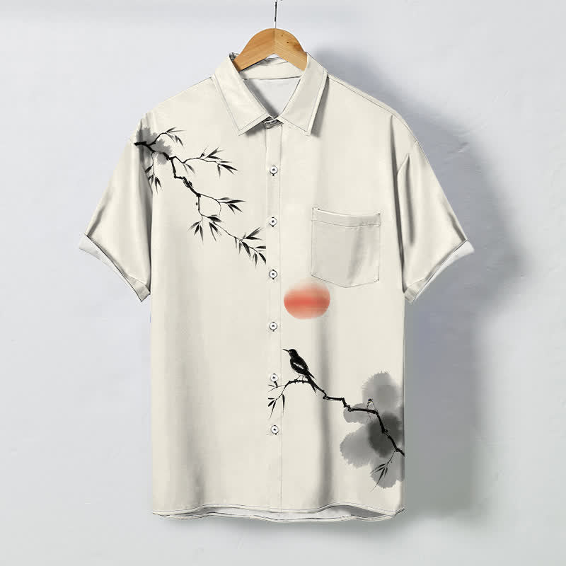 Buddha Stones Ink Bamboo Bird Sun Pattern Buttons Breathable Men's Short Sleeve Shirt - Ivory - US/UK/AU48，EU58 (4XL) - image 0