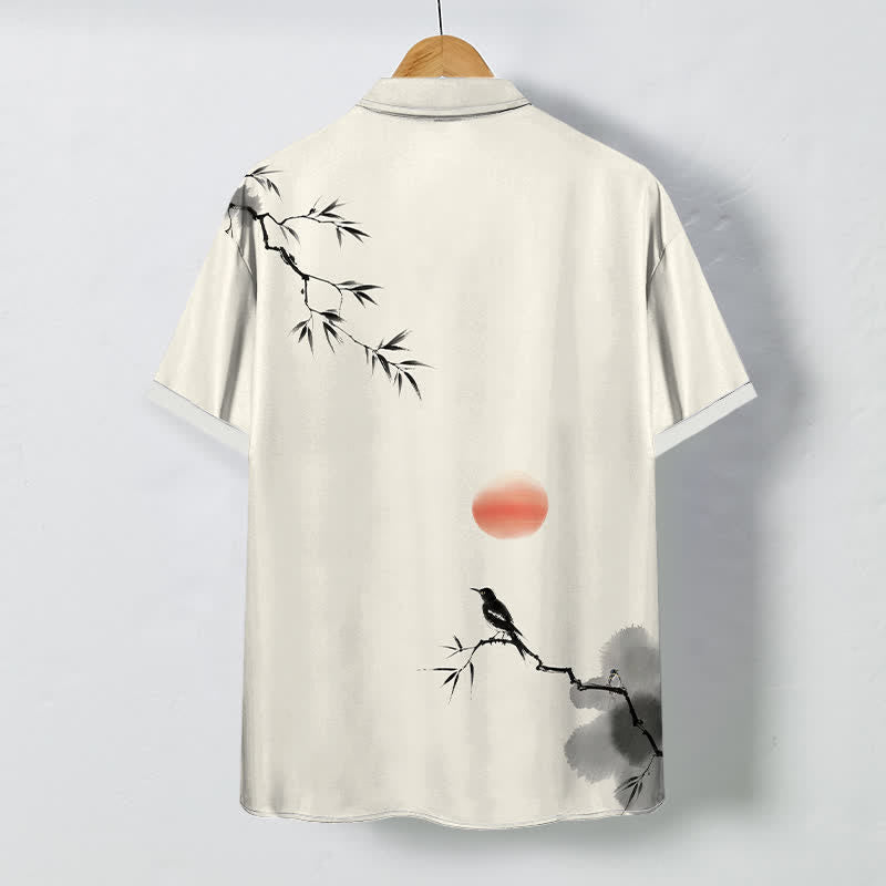Buddha Stones Ink Bamboo Bird Sun Pattern Buttons Breathable Men's Short Sleeve Shirt - image 1