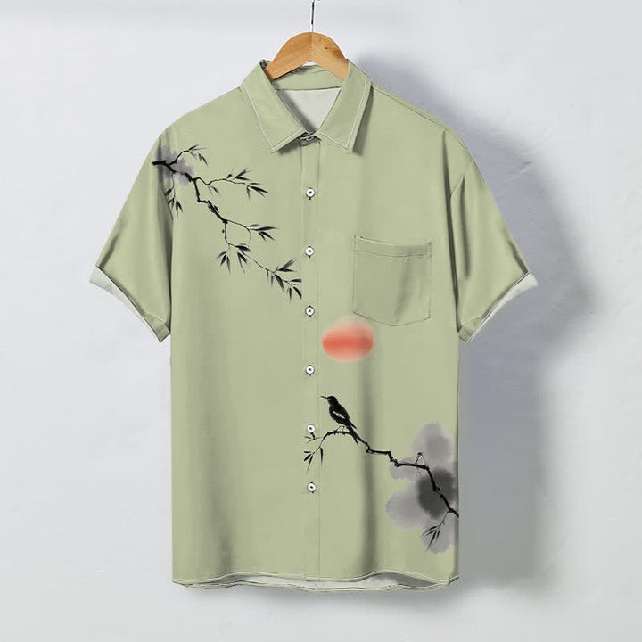Buddha Stones Ink Bamboo Bird Sun Pattern Buttons Breathable Men's Short Sleeve Shirt - DarkSeaGreen - US/UK/AU48，EU58 (4XL) - image 3