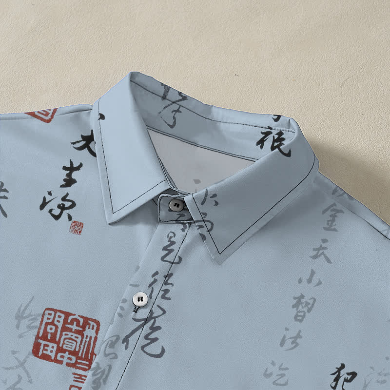 Buddha Stones Chinese Calligraphy Red Seal Pattern Buttons Breathable Men's Short Sleeve Shirt - image 2