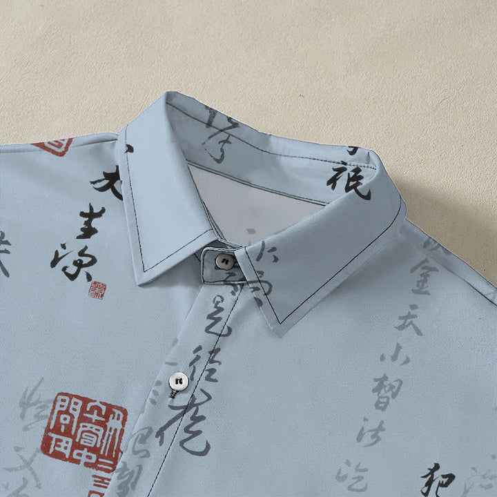 Buddha Stones Chinese Calligraphy Red Seal Pattern Buttons Breathable Men's Short Sleeve Shirt - image 2