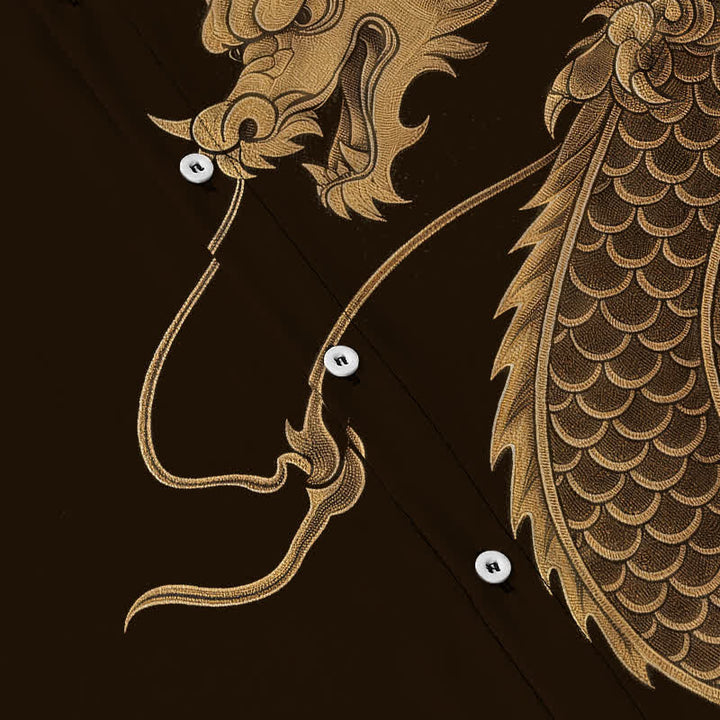 Buddha Stones Golden Eastern Dragon Pattern Buttons Breathable Men's Short Sleeve Shirt - image 3