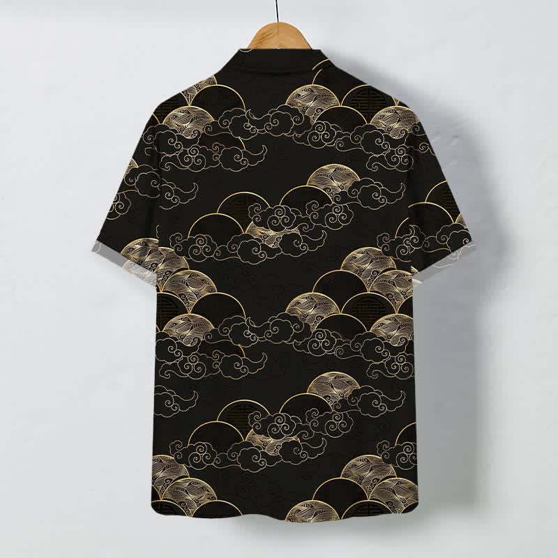 Buddha Stones Golden Cloud Wave Moon Pattern Buttons Breathable Men's Short Sleeve Shirt - image 1
