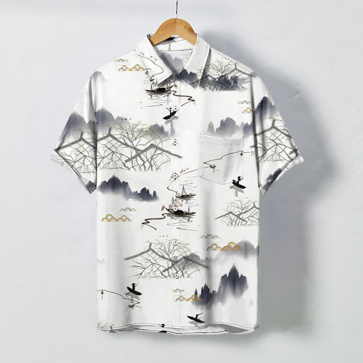 Buddha Stones Ink Landscape Mountain Boat Pattern Buttons Breathable Men's Short Sleeve Shirt - White - US/UK/AU48，EU58 (4XL) - image 0