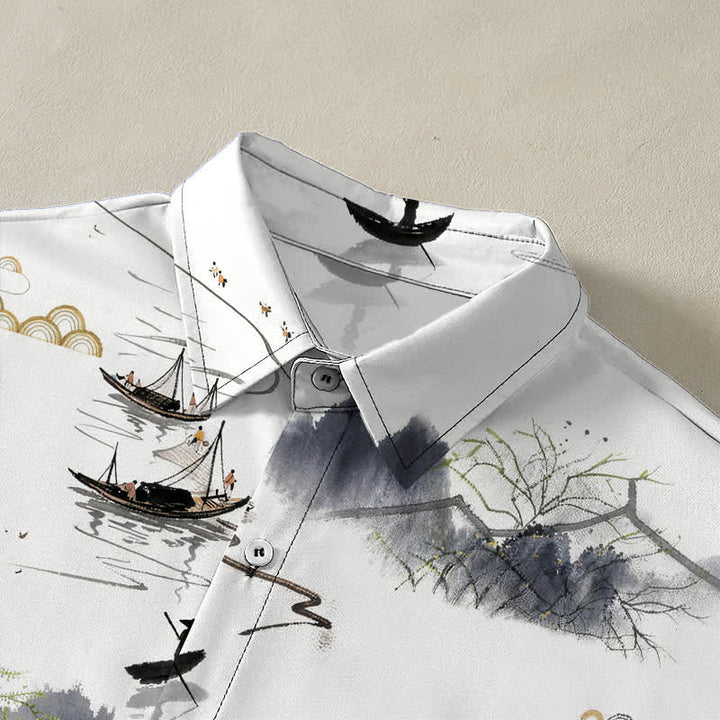 Buddha Stones Ink Landscape Mountain Boat Pattern Buttons Breathable Men's Short Sleeve Shirt - image 2