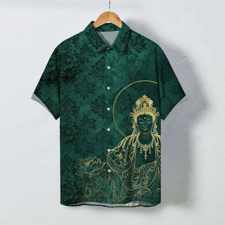 Buddha Stones Vintage Botanical Lotus Figure Pattern Buttons Wrinkle-resistant Men's Short Sleeve Shirt - DarkGreen - US/UK/AU48，EU58 (4XL) - image 0