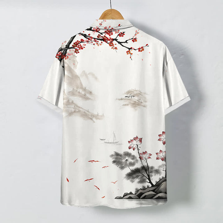 Buddha Stones Ink Landscape Red Blossom Pattern Buttons Breathable Men's Short Sleeve Shirt - image 1