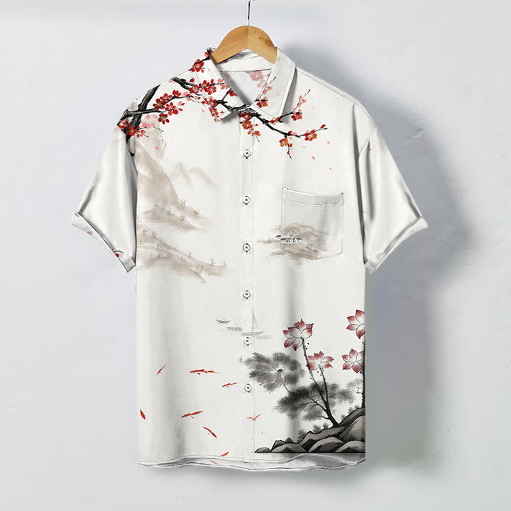 Buddha Stones Ink Landscape Red Blossom Pattern Buttons Breathable Men's Short Sleeve Shirt - White - US/UK/AU48，EU58 (4XL) - image 0