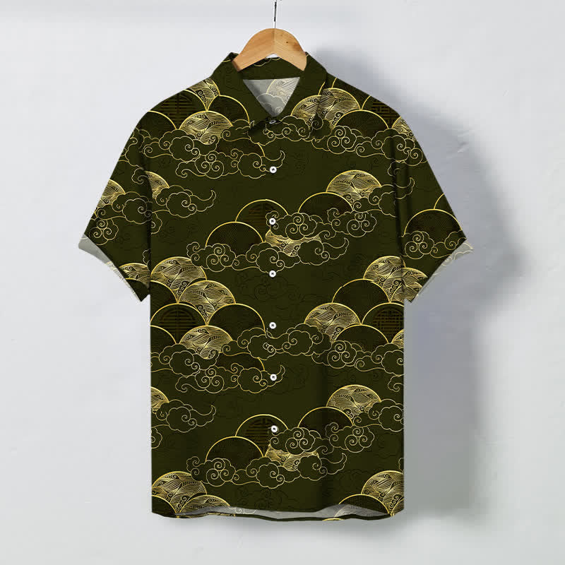 Buddha Stones Golden Cloud Wave Moon Pattern Buttons Breathable Men's Short Sleeve Shirt - DarkOliveGreen - US/UK/AU48，EU58 (4XL) - image 7