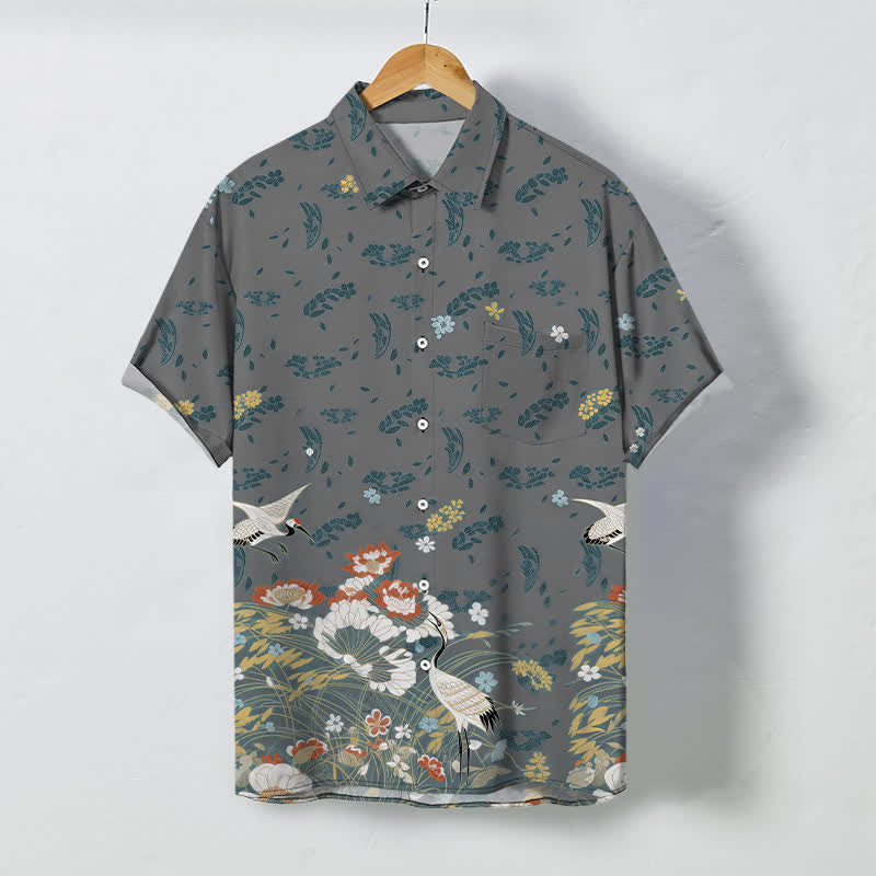 Buddha Stones Floral Crane Pattern Buttons Breathable Men's Short Sleeve Shirt - Gray - US/UK/AU48，EU58 (4XL) - image 5