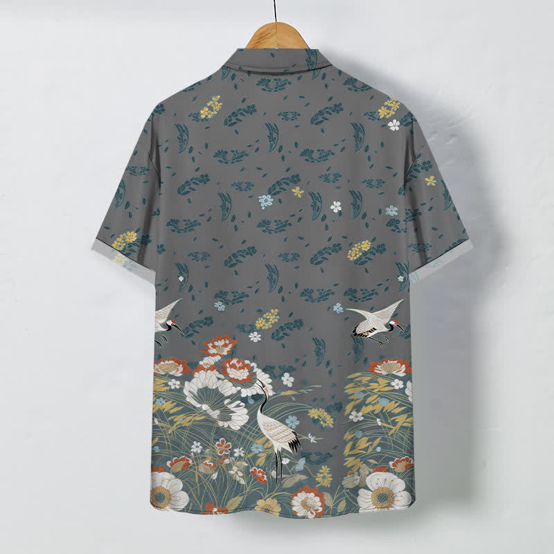 Buddha Stones Floral Crane Pattern Buttons Breathable Men's Short Sleeve Shirt - image 6