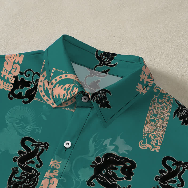 Buddha Stones Vintage Teal Letter Pattern Buttons Breathable Men's Short Sleeve Shirt - image 2