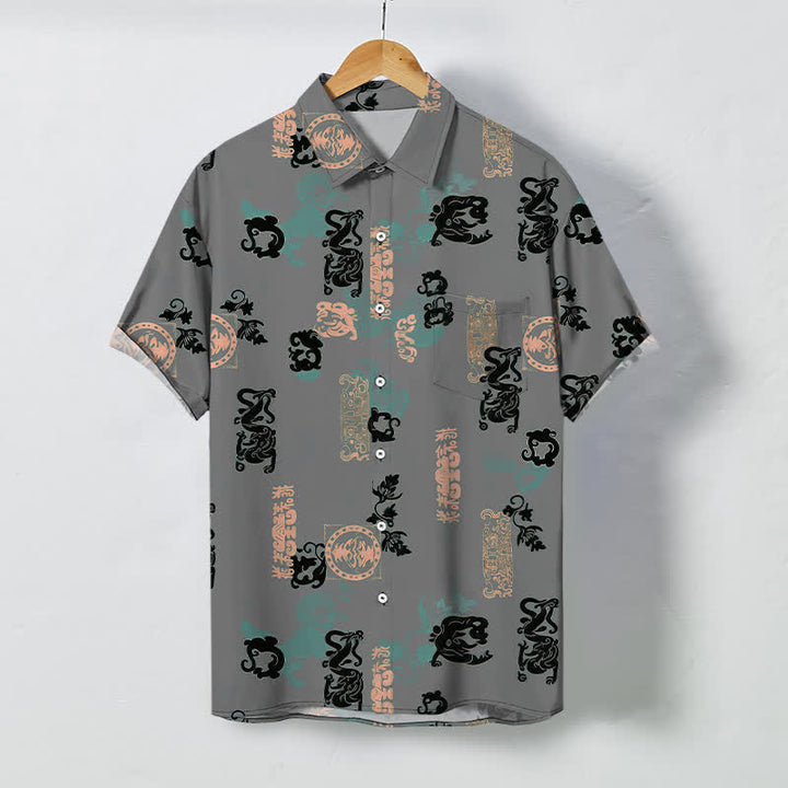 Buddha Stones Vintage Teal Letter Pattern Buttons Breathable Men's Short Sleeve Shirt - Gray - US/UK/AU48，EU58 (4XL) - image 7