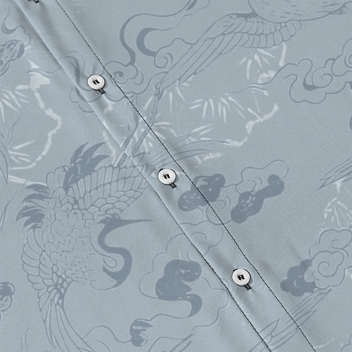 Buddha Stones Cloud Crane Pattern Buttons Breathable Men's Short Sleeve Shirt - image 3
