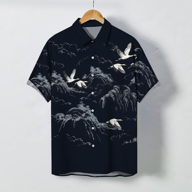Buddha Stones Ink Crane Mountain Cloud Pattern Buttons Breathable Men's Short Sleeve Shirt - Navy - US/UK/AU48，EU58 (4XL) - image 0