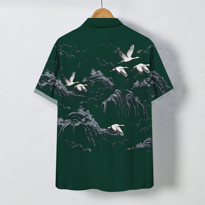 Buddha Stones Ink Crane Mountain Cloud Pattern Buttons Breathable Men's Short Sleeve Shirt - image 8