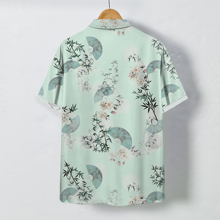 Buddha Stones Mint Fan Bamboo Blossom Pattern Buttons Breathable Men's Short Sleeve Shirt - image 4