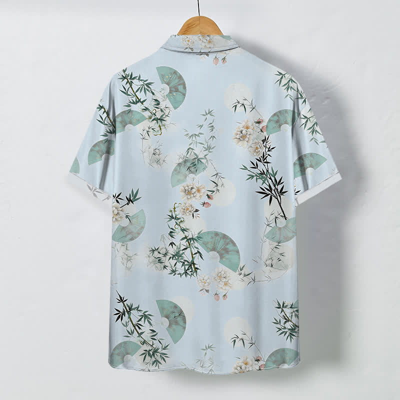 Buddha Stones Mint Fan Bamboo Blossom Pattern Buttons Breathable Men's Short Sleeve Shirt - image 6