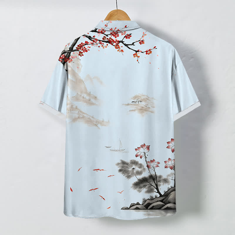 Buddha Stones Ink Landscape Red Blossom Pattern Buttons Breathable Men's Short Sleeve Shirt - image 4