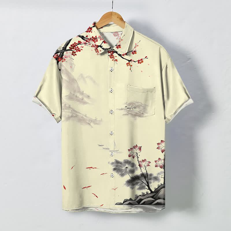 Buddha Stones Ink Landscape Red Blossom Pattern Buttons Breathable Men's Short Sleeve Shirt - Beige - US/UK/AU48，EU58 (4XL) - image 5