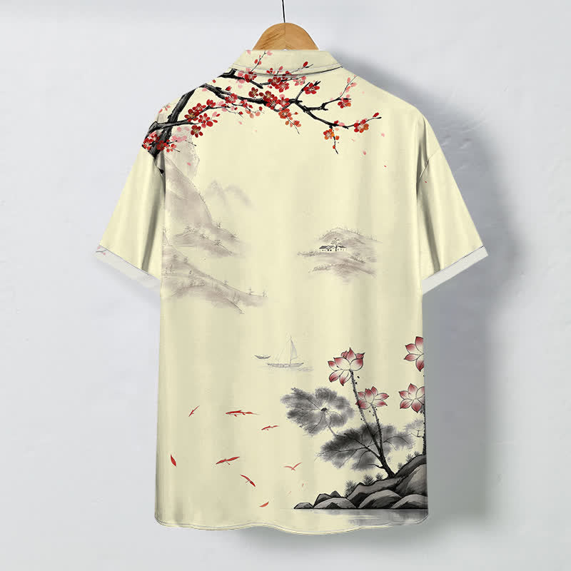 Buddha Stones Ink Landscape Red Blossom Pattern Buttons Breathable Men's Short Sleeve Shirt - image 6